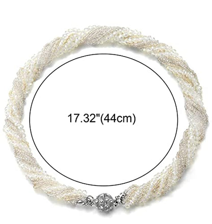 COOLSTEELANDBEYOND Multi-Layer Beads Crystal Braided Chain Choker Collar Magnetic Clasp,Statement Necklace, Bracelet - color: T-Necklace White Color