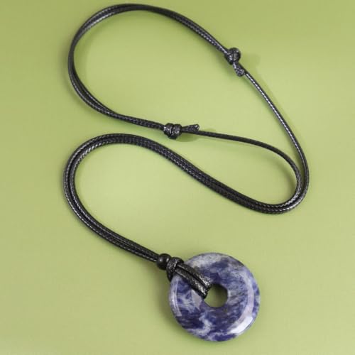 FANASY Natural Gemstone Pendant Necklce Lucky Coin Crystal Necklace Protection Donut Pendnat with Adjustable Rope for Men Women - color: Blue Jasper