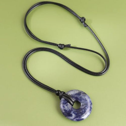 FANASY Natural Gemstone Pendant Necklce Lucky Coin Crystal Necklace Protection Donut Pendnat with Adjustable Rope for Men Women - color: Blue Jasper