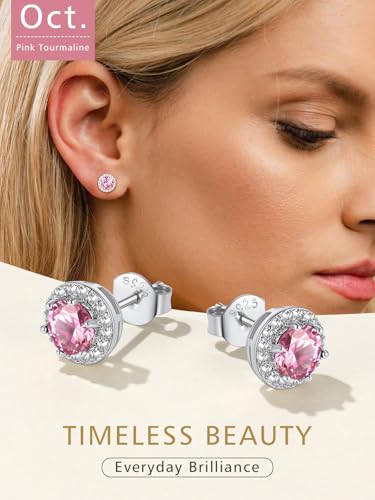 FindChic Birthstone Earrings for Women, Round/Heart/Square/Teardrop Earrings with 925 Sterling Silver Posts & Push Backs, Hypoallergenic Studs with Cubic Zirconia, 12 Months Jewelry with Gift Box - style: 10. October-Pink Tourmaline (Round)