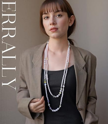 Errally Long Pearl Necklace and Earring Set Layered Pearl Beaded Necklaces for Women White Costume Jewelry Sets Gifts for Mom - color: Crystal