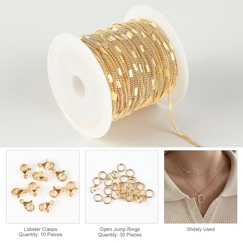 Kyutong 32.8 Feet Stainless Steel Jewelry Making Chains with Accessories | Gold Plated Chain for Jewelry Making Thin Flat Curb Chain Roll for Women DIY Jewelry Crafts - color: Flat Curb Gold