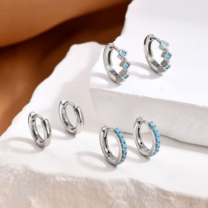 3 Pairs Mini Hoop Earrings Set Turquoise Cubic Zirconia Huggie Hoop Cartilage Earring Ear Cuff for Women (Turquoise/CZ) - color: *Turquoise-E