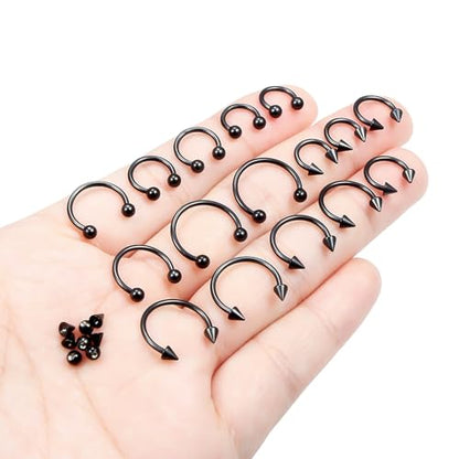 Hoeudjo 16G Horseshoe Septum Rings with Ball Grabber Tool Hypoallergenic Surgical Steel Septum Piercing Jewelry Lip Rings Smiley Piercing Jewelry for Women Men Diameter 6mm 8mm 10mm 12mm - color: black