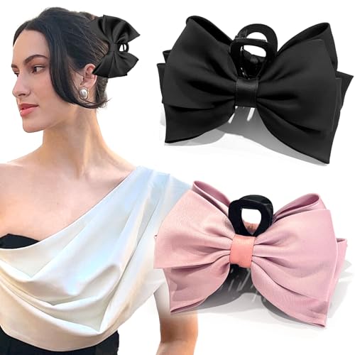 ISCRM Bow Hair Claw Clips for Women/Girls,Strong Hold Large Bow Claw Clip for Thick/Thin Hair Claws,Nonslip Silky Big Hair Bows Ribbons,Cute Hair Styling Accessories Gifts (black,pink) - color: black,pink