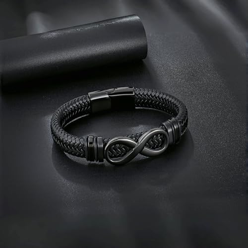 Men's Leather Infinity Bracelet Stainless Steel Number 8 Wristband Cuff Bangle Bracelets Gifts for Men, 8.3 & 9.1 inches - color: 01.Single-layers leather & black infinity, size: 8.3inch(Fits most wrists.)