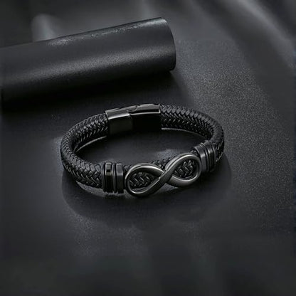 Men's Leather Infinity Bracelet Stainless Steel Number 8 Wristband Cuff Bangle Bracelets Gifts for Men, 8.3 & 9.1 inches - color: 01.Single-layers leather & black infinity, size: 8.3inch(Fits most wrists.)