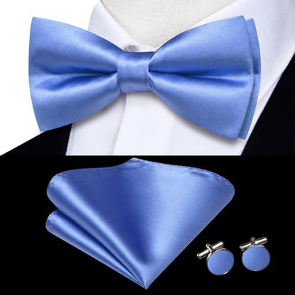 Hi-Tie 5Pcs Mens Solid Color Silk Tie Satin Pretied Bowtie Lapel Pin for Men Handkerchief Cufflink Wedding Gift Box - color: Bright Blue