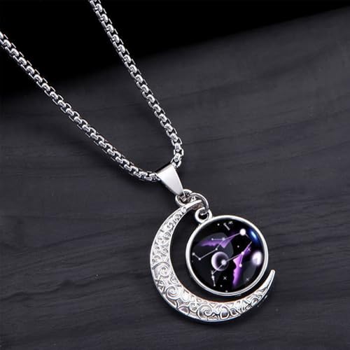 Stainless Steel Mens Necklace 12 Zodiac Moon Galaxy Pendant Necklace,22.8 Inch Stainless Steel Chain, 1.13 Inch Aries/Pisces Celestial Crescent Moon Star Sign Charm Jewelry - style: Gemini（5.21-6.21）