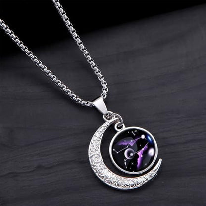 Stainless Steel Mens Necklace 12 Zodiac Moon Galaxy Pendant Necklace,22.8 Inch Stainless Steel Chain, 1.13 Inch Aries/Pisces Celestial Crescent Moon Star Sign Charm Jewelry - style: Gemini（5.21-6.21）