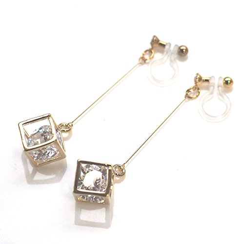 Drop Cubic Zirconia Invisible Clip On Earrings for Women Not Pierced Gold Teardrop Sqaure CZ Crystal Dangle Gold Silver Comfortable Clip On Earrings Bridal Wedding Prom - color: Cube Gold