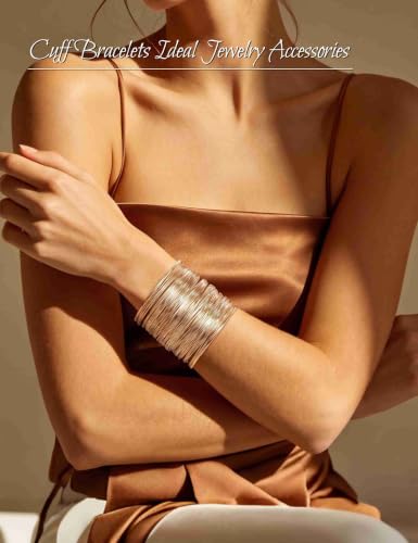 2 Pcs Gold Cuff Bangle Bracelet Set for Women Irregular Minimalist Statement Bangle Bracelets Wide Open Chunky Wire Bracelets Wrist Cuff Adjustable Hammered Bracelet - color: Gold D
