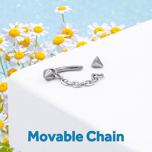 3 Pcs 316L Stainless Steel 16G Tragus Helix Rook Piercing Jewelry with Chain, Cartilage Earrings for Women, Belly Button Ring Vertical Labret Lip Piercing Jewelry - color: Silver, size: Cone