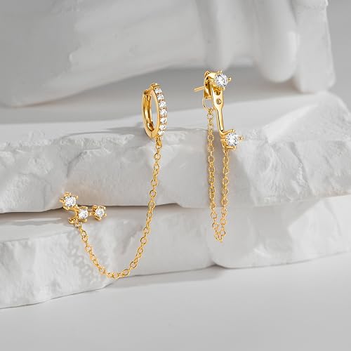3 Pairs Dainty Small Earrings Set for Women Trendy, Birthstone Stud Huggie Hoop Jacket Stack for Cartilage Helix, Gold Plated Hypoallergenic Cute Women Fashion Accessories Western Jewelry Gifts - color: Gold Plated Chain
