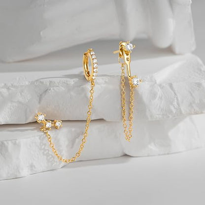 3 Pairs Dainty Small Earrings Set for Women Trendy, Birthstone Stud Huggie Hoop Jacket Stack for Cartilage Helix, Gold Plated Hypoallergenic Cute Women Fashion Accessories Western Jewelry Gifts - color: Gold Plated Chain