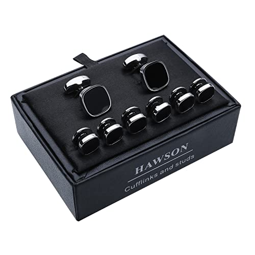 HAWSON Cufflinks and Studs for Men-Black Stone Mens Fashion Gun-Black Cufflinks and Tuxedo Shirt Studs Set for Regular Weeding Business Accessories - color: Silver+Black