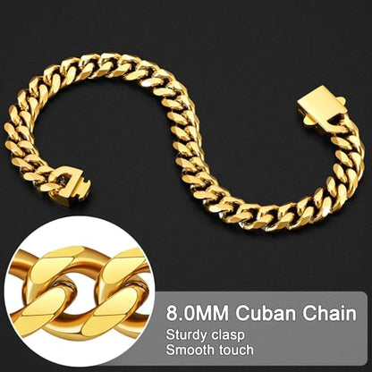 Fiusem Cuban link Mens Bracelet | 5mm/7mm/8mm Width, 7.1"/7.5"/7.9" Length Stainless Steel Bracelets for Men - color: 8mm width-gold, size: 7.1 inches