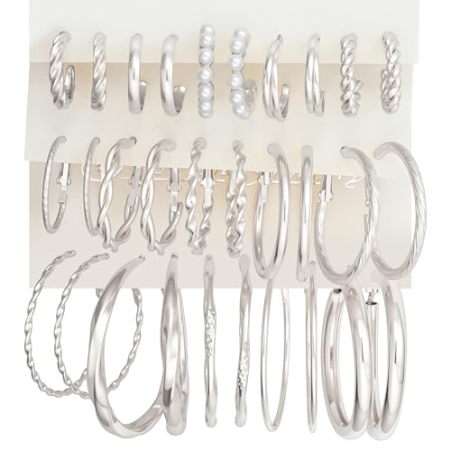 12 Pairs Gold Hoop Earrings Set for Women，Fashion Jewelry Gifts 40mm/50mm | Large/Big, Trendy, Pearl, Multiple Styles, lightweight, 14K Gold-plated, Hypoallergenic, Great for Party/Gathering/Work/Daily - color: Champagne Silver