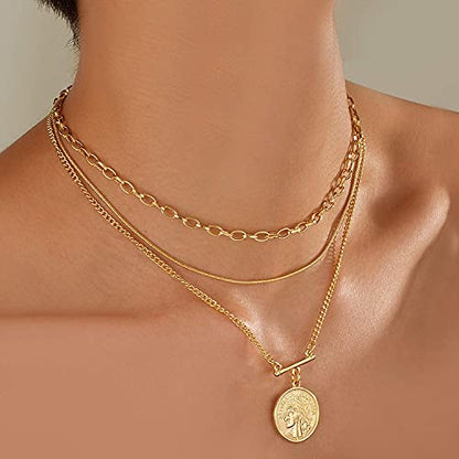 LANE WOODS Gold Plated Layered Necklace for Women, Pendant Choker | Adjustable multilayer chain, pendant and choker-style layers, coordinated stacked look for daily wear and gifting