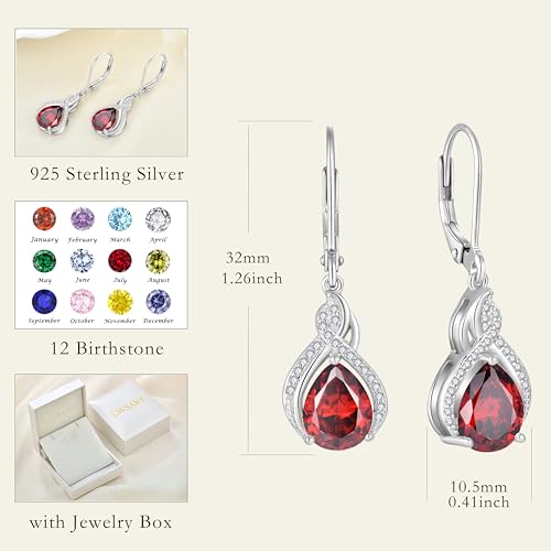 925 Sterling Silver Infinity Teardrop Earrings for Women | Lwsary Dangle Drop Leverback Earrings, Pear Shaped Birthstone Jewelry for Her - color: Red