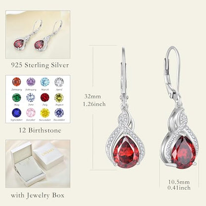 925 Sterling Silver Infinity Teardrop Earrings for Women | Lwsary Dangle Drop Leverback Earrings, Pear Shaped Birthstone Jewelry for Her - color: Red