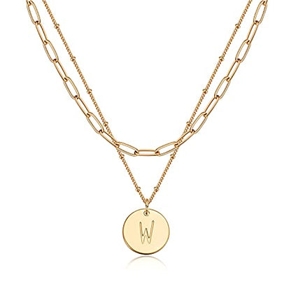 Valloey Rover Initial Necklaces for Women 14K Gold Plated Dainty Letter Necklce Round Coin Disc Pendant Double Side Engraved A-Z Necklace Personalized Jewelry Gift for Women - color: Layer-W