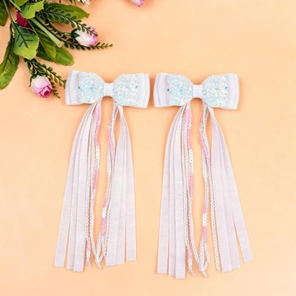 Girls White Sequin Hair Bow Clip with Long Sequin Streamers, Shiny Non-shed | 2Pcs Handmade Ribbon Wrapped Non-slip Alligator Clips, Hair Accessories for Party Daily School Birthday Photo Shoots - color: White