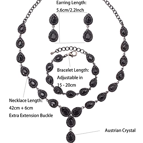 Austrian Crystal Rhinestone Necklace Dangle Earrings Link Bracelet Jewelry Set for Brides Bridesmaid Prom Costume Accessories for Women - color: Black-Gun Black
