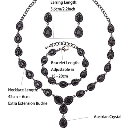 Austrian Crystal Rhinestone Necklace Dangle Earrings Link Bracelet Jewelry Set for Brides Bridesmaid Prom Costume Accessories for Women - color: Black-Gun Black