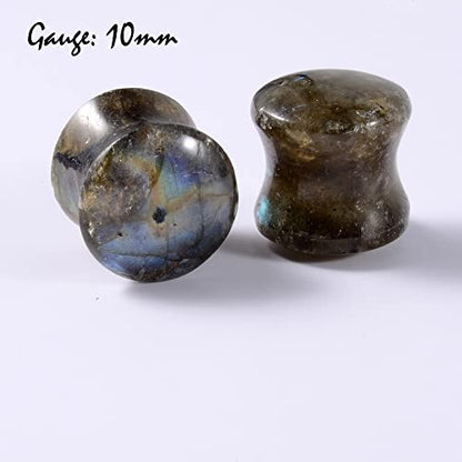 Pair Labradorite Stone Ear Flesh Tunnel Plugs Double Flared Plug Glow Stone Ear Gauges Expander - style: Ear Plugs