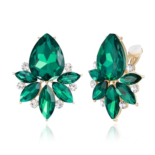 Flyonce Vintage Rhinestone Clip On Stud Earrings, Non-Piercing | Fancy Crystal Cluster, Teardrop Art Deco, Non Pierced, For Wedding Bridal Brides, Formal, Hypoallergenic - color: Green Gold-Tone