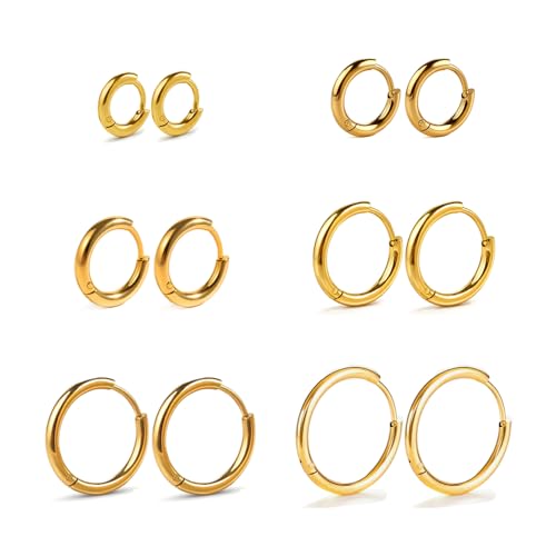 Small Gold Silver Hoop Earrings for Women Men | Stainless Steel Huggie Hoops Earring Stacks for Multiple Piercing 6mm-16mm - color: Gold, 6 Pairs: 6/8/10/12/14/16mm