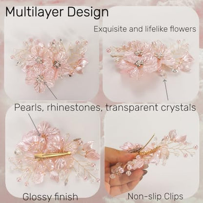 Luxury Pink Pearl Flower Hair Clip for Women,Glitter Petal Hairpin with Rhinestones & Pearl Decor，Wedding Headpiece for Bride, Floral Hair Accessories for Birthday Prom Party Gifts