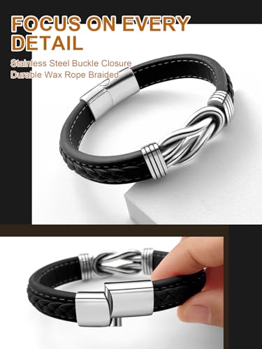 Mens Black Braided Leather Bracelet, Green/Red/Brown/Black Braided Leather Infinity Knot Bracelets for Men with Stainless Steel Clasp, 7.5/8.5/9in Length - color: 01-Black