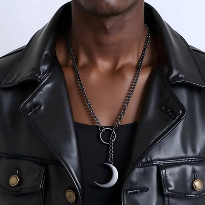 Slip Chain Choker for Women Handmade Black Stainless Steel Cuban Chain Chunky Moon Bat Raven Skull Pendant Gothic Punk Rock Collar Adjustable Lariat Y Necklace for Men - style: Moon