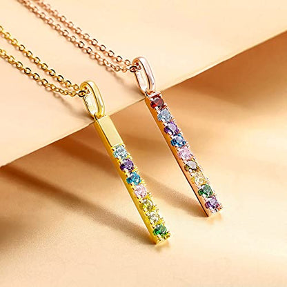 AILIN 925 Sterling Silver Custom 3D Vertical Bar Necklace Personalized Back Engraved Necklace With Any Name 1-9 Birthstones Pendant Necklace For Family Mother Grandmother