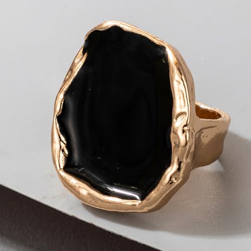 Statement Big Chunky Gold Black Two-tone Enamel Drip Ring Earrings Set for Women, Retro Large CZ Crystal Cocktail Rings Earring Geometric Jewelry Gift - color: Gold Silver-2Pcs