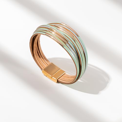Gold Tube Leather Wrap Bracelets Boho Chunky Stackable Layered Western Cuff | Stacked Bohemian Cool Magnetic Clasp Bangles Statement Cowgirl Hippie Country Festival Accessories for Women Trendy - color: Mint