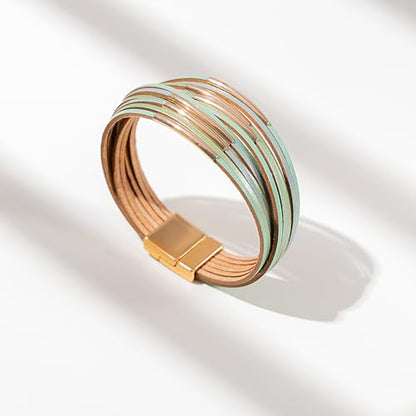 Gold Tube Leather Wrap Bracelets Boho Chunky Stackable Layered Western Cuff | Stacked Bohemian Cool Magnetic Clasp Bangles Statement Cowgirl Hippie Country Festival Accessories for Women Trendy - color: Mint
