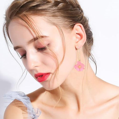 Bohemian Daisy Flower Matte Floral Long Petal Drop Dangle Earrings Layered Tiered for Women Chic Boho Wedding Jewelry - color: Pink