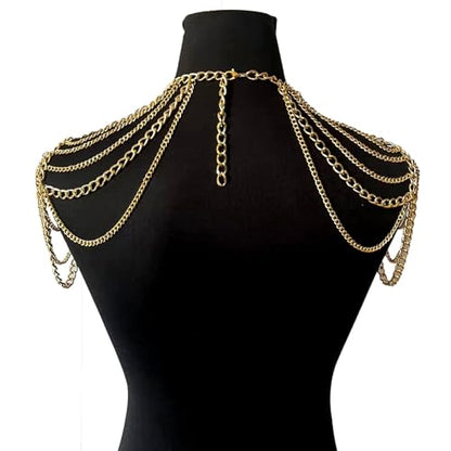 Punk Metal Shoulder Chain Necklace Jewelry Sexy Crystal Tassel Arm Chain Bridal Wedding Multi-layered Shoulder Body Chain Bikini Back Chain Jewelry for Women