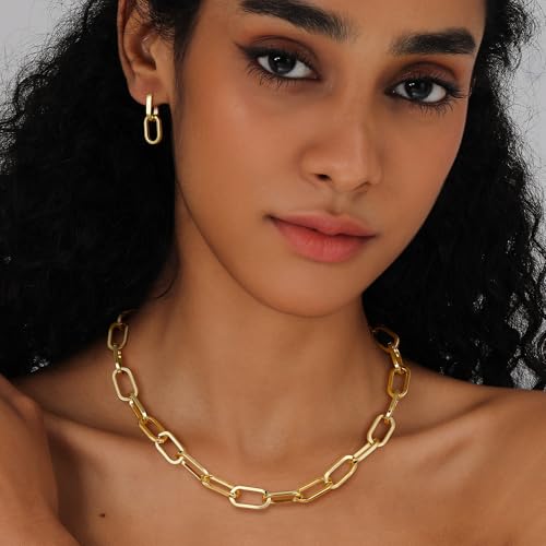 KesaPlan Gold Chain Necklace Bracelet and Earrings for Women Silver Chunky Jewelry Set, 14K Gold Plated Ladies Dainty and Chunky Chain Link Paperclip Jewelry Set for Women Gifts - style: Paperclip Set Gold 2