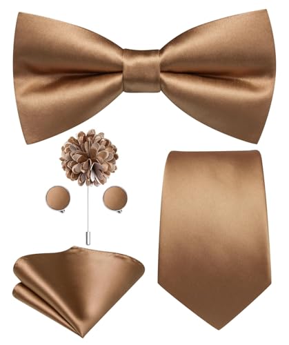 Hi-Tie 5Pcs Mens Solid Color Silk Tie Satin Pretied Bowtie Lapel Pin for Men Handkerchief Cufflink Wedding Gift Box - color: Deep Khaki