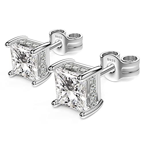 Princess Cut Cubic Zirconia Stud Earrings for Men Women | Square CZ Simulated Diamond Studs, 18K White Gold Plated Sterling Silver, Hypoallergenic - color: White Gold, size: 5MM