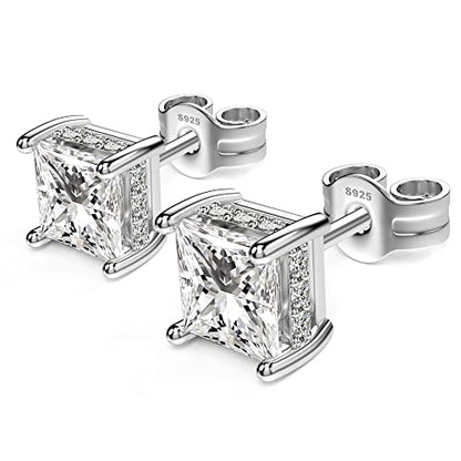 Princess Cut Cubic Zirconia Stud Earrings for Men Women | Square CZ Simulated Diamond Studs, 18K White Gold Plated Sterling Silver, Hypoallergenic - color: White Gold, size: 5MM