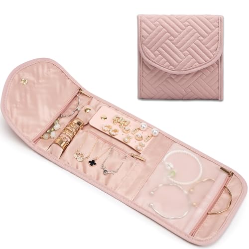 Amrules Travel Jewelry Roll Organizer Bag Foldable and Anti-Lost Jewelry Holder Storage for Rings, Necklaces, Bracelets, Earrings and Accessories, Small Pink - color: Pink, size: Small