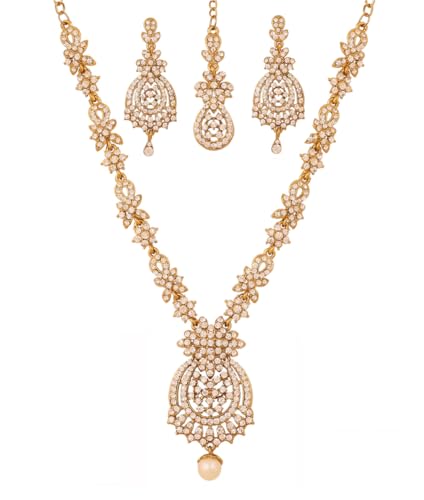 Touchstone Indian jewelry sets for women maang tikka wedding guest gold necklace bollywood jewellery set pageant elegant prom bride accessories western crystal chunky rhinestone necklaces - color: 1 4 White in gold plating pearl drop