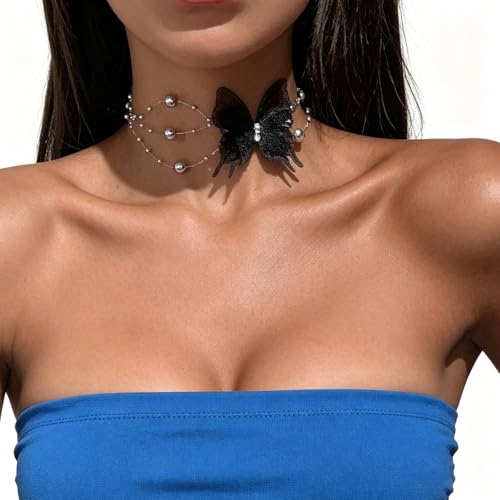 Lace Butterfly Necklace Dainty Pearl Beaded Bow Tie Ribbon Necklaces Long Elegant Lace Fairy Tassel Choker White Black Pink Blue Butterfly Choker Necklaces Cute Butterfly Jewelry Y2K Aesthetic Jewlery for Wedding Party Prom - color: Black