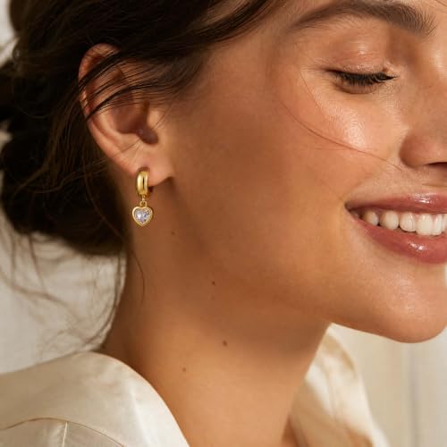 Gold Chunky Dangle Earrings for Women, Bezel Set Cubic Zirconia Charm | 14K Gold Silver Plated, Statement Huggie Hoops Drop Earrings, Trendy Jewelry Gifts, High Grade CZ, Hypoallergenic Lightweight - color: GD-Heart CZ Hoop