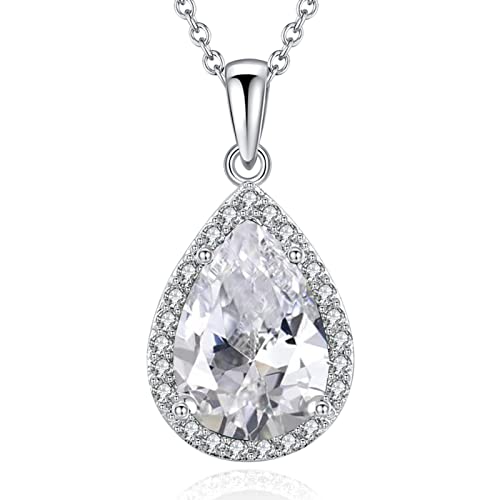 VONSSY Classic Oval Pendant Gemstone Necklace | Crystal Ruby Sapphire Waterdrop Birthstone Teardrop Emerald Necklace | 18K Platinum Gold Plated Chain | Jewelry Gift for Mother Wife Girlfriend - color: NL-White-Platinunm